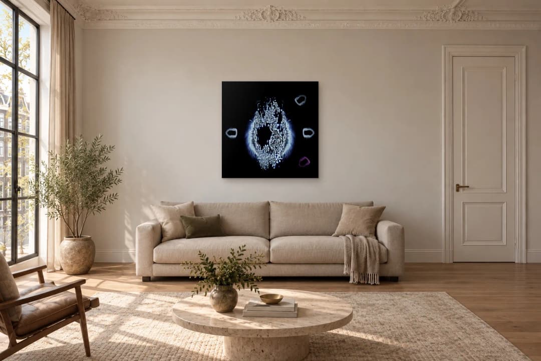 Aperture Constellation on a living room wall at 100 × 100 cm, to scale
