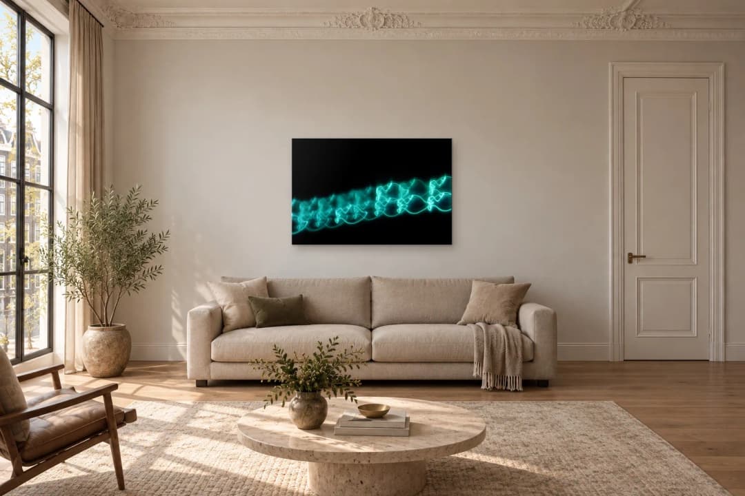 Low-Frequency Tide on a living room wall at 120 × 80 cm, to scale