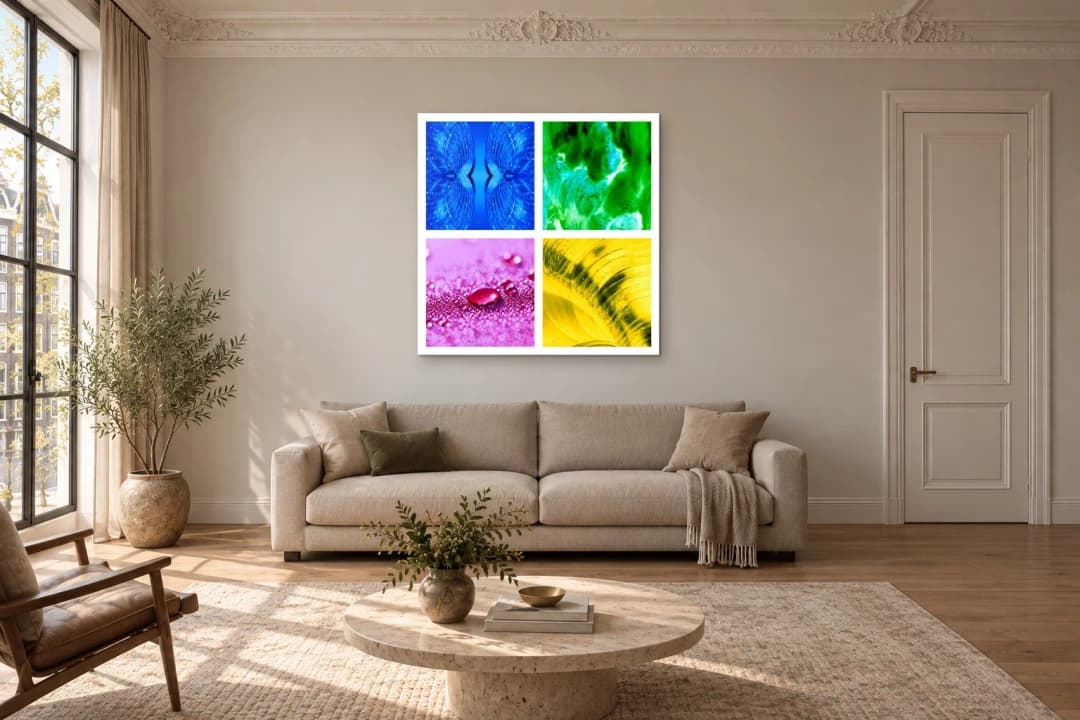 Luminous Divide on a living room wall at 125 × 125 cm, to scale