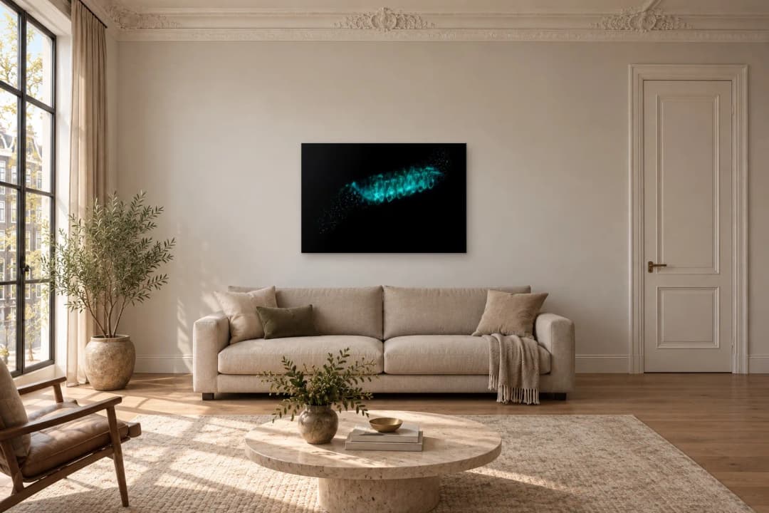 Helix of Still Charge on a living room wall at 120 × 80 cm, to scale