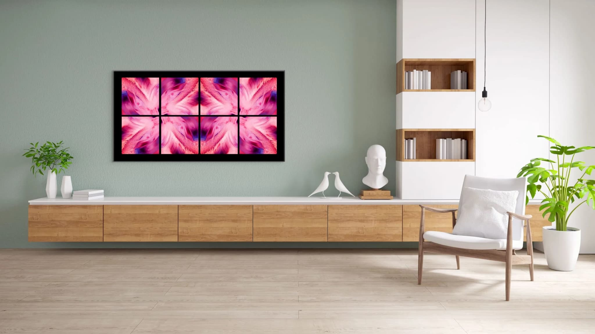 Abstract photograph in deep carmine and magenta: an organic form mirrored symmetrically into a folded, chamber-like structure. Placed in modern scandinavian private interior.