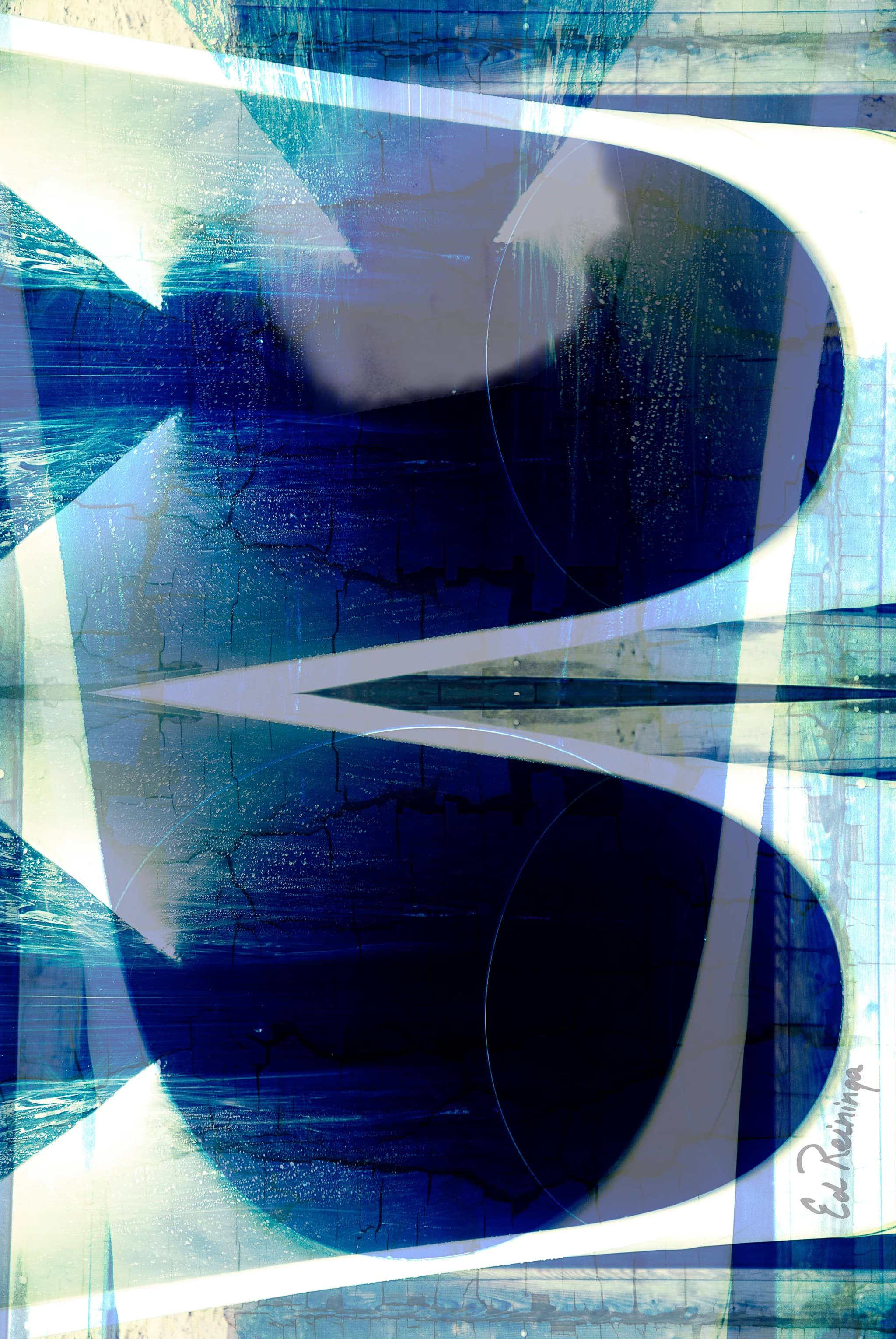 Abstract photograph in blues and white: two curved pale bands meeting like arches over scratched, layered blue planes.