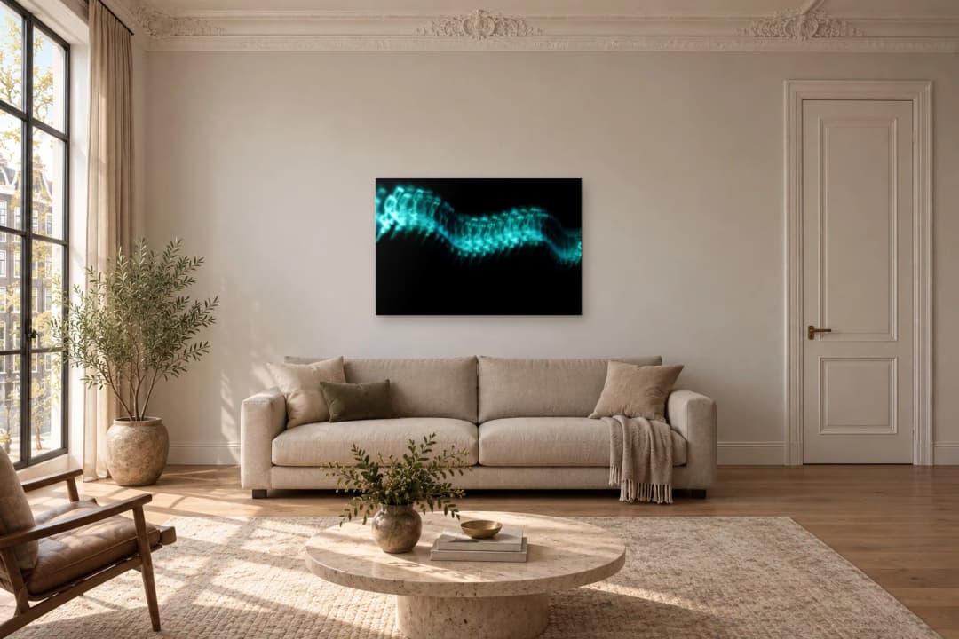 Ribbon of Voltage on a living room wall at 120 × 80 cm, to scale